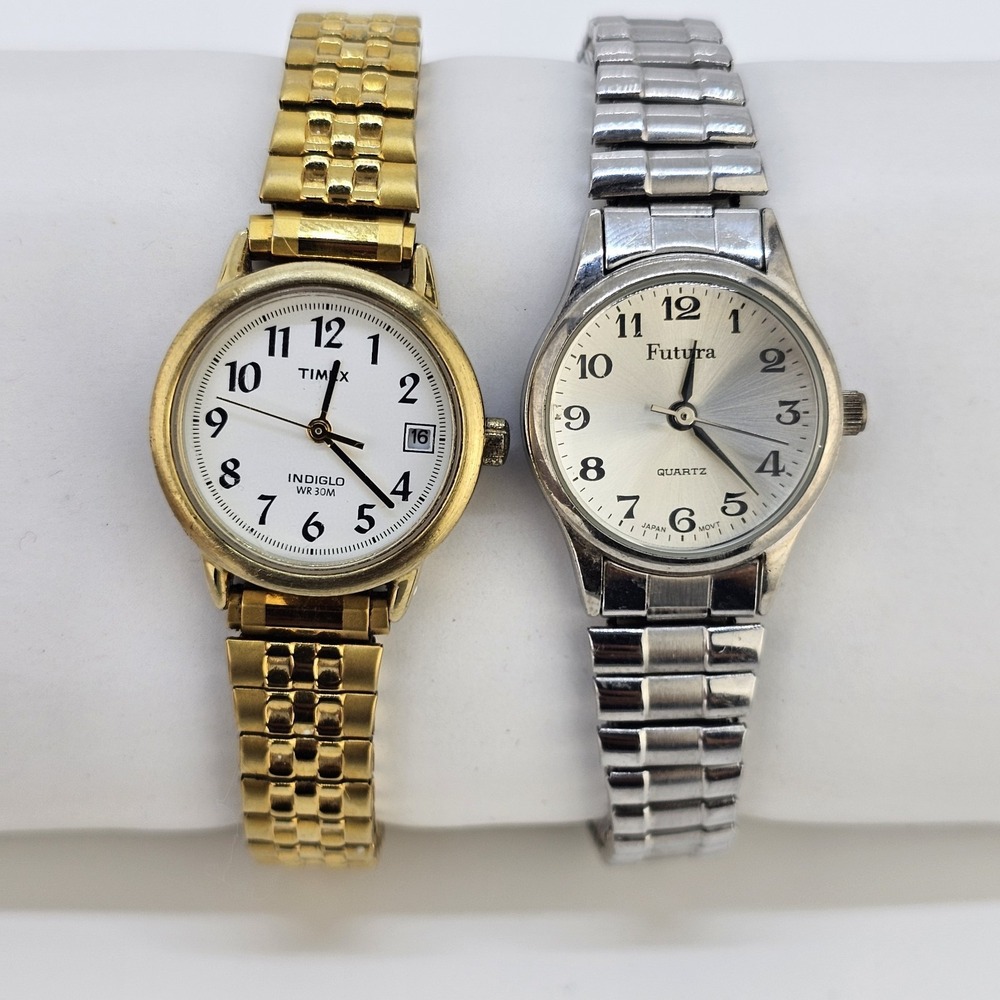 2X Women's Watches Gray White Dial Expandable Bands 6.25" NEW Battery READ